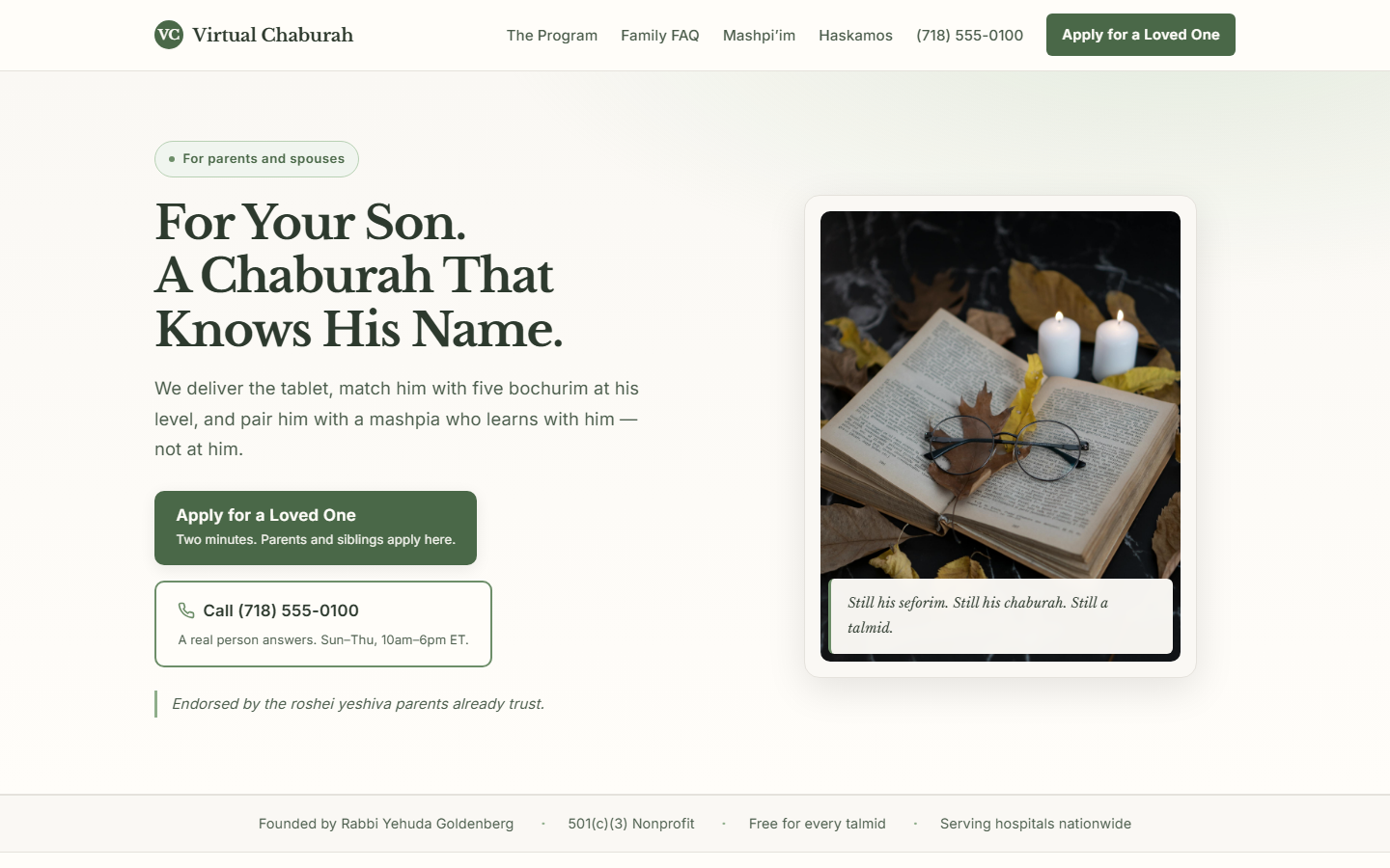Direction C homepage at desktop width — parent-direct headline 'For Your Son. A Chaburah That Knows His Name.', warm sefer-and-glasses hero image, dual CTA cards with built-in stamps.