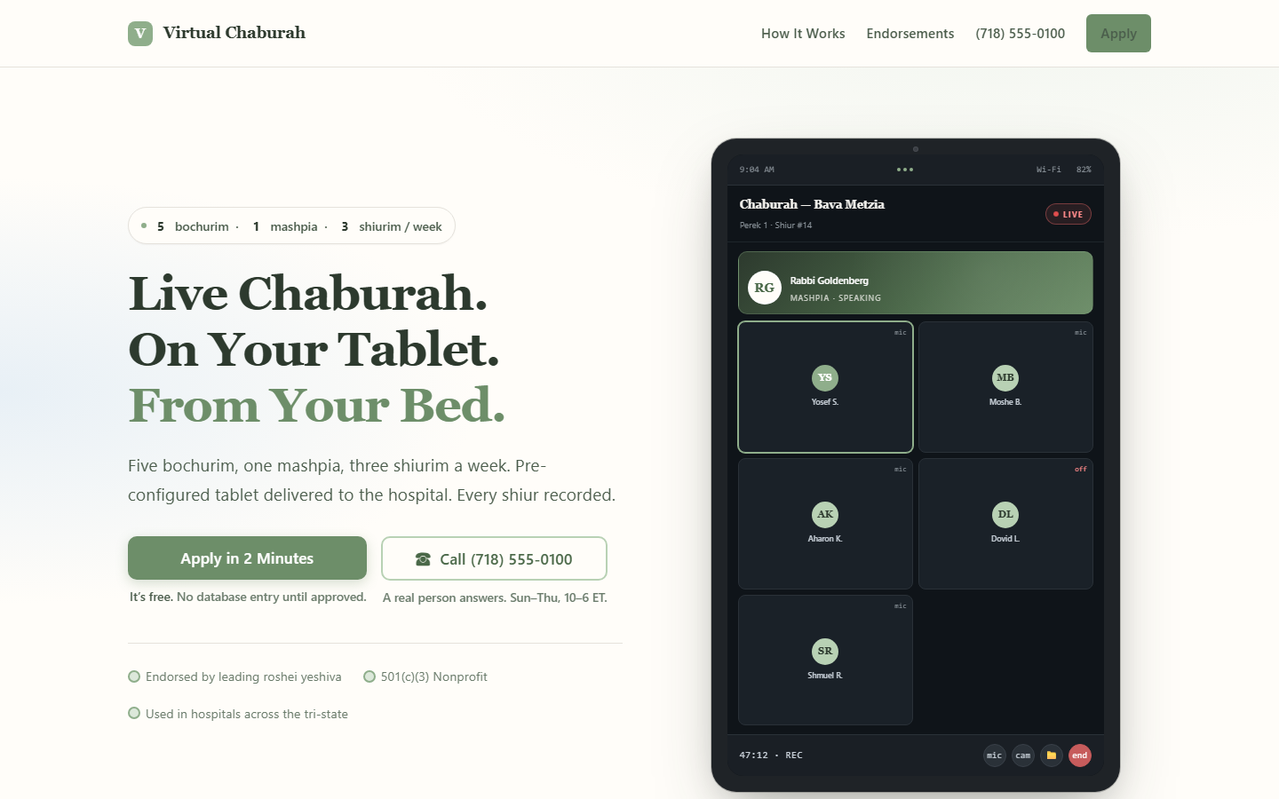 Direction D homepage at desktop width — SaaS-clean layout, four CSS tablet mockups showing a live chaburah session with five named bochurim, dark navigation, tech-comfortable register.